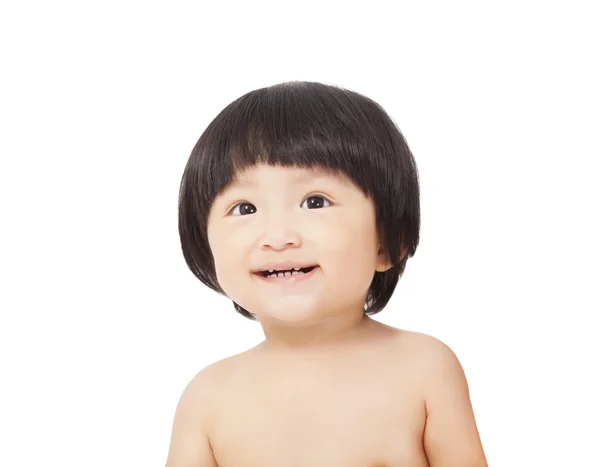 Closeup of happy baby looking up. isolated on white background — Stock Photo, Image