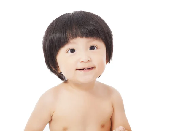 Nahaufnahme eines glücklichen Babys, das nach oben schaut. isoliert auf weißem Hintergrund — Stockfoto