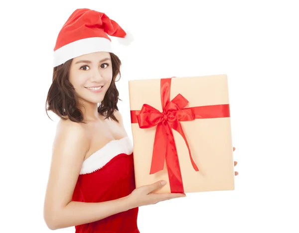 Happy young woman with christmas gift box — Stock Photo, Image