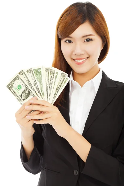 Счастливая бизнесвумен, держащая деньги — стоковое фото
