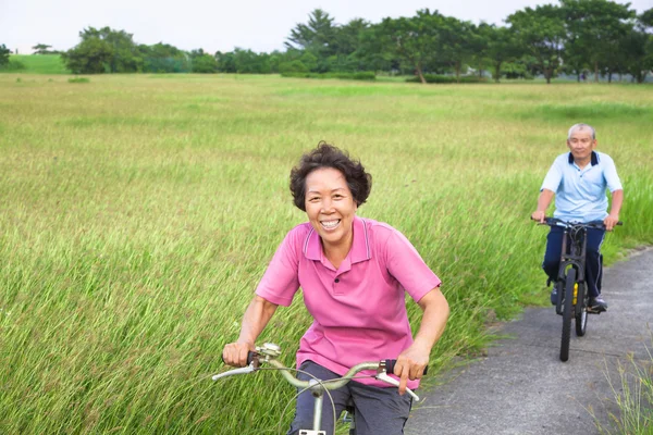 Happy asian seniors couple biking in the park. — Stock Photo, Image