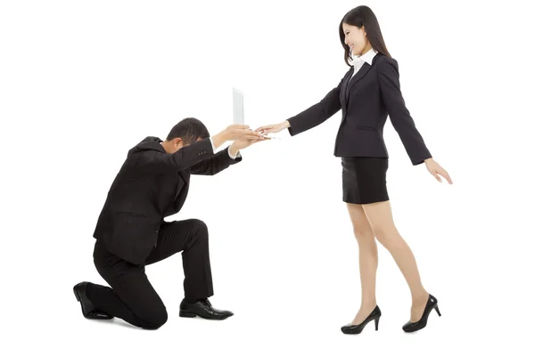 Business man holding a laptop for female manager using. isolated — Stock Photo, Image