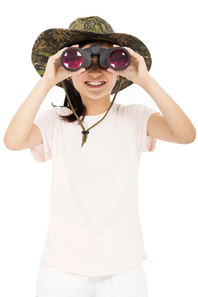 Smiling asian Little girl looking through binoculars. — Stock Photo, Image