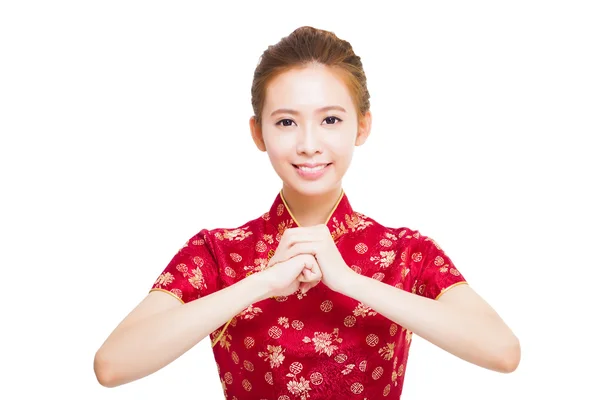 Feliz año nuevo chino. hermosa mujer asiática con felicitación — Foto de Stock