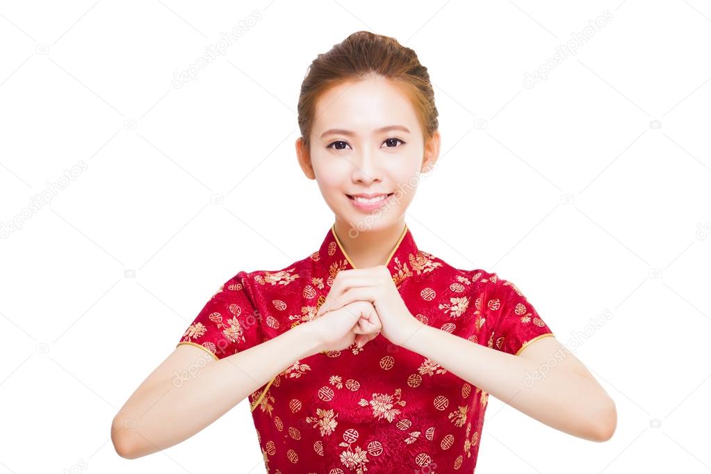 happy chinese new year. beautiful asian woman with congratulatio