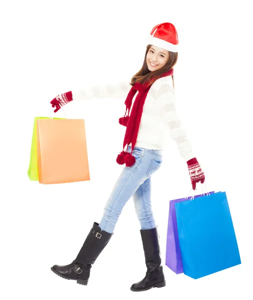 Szép boldog fiatal tartó női táskák. Karácsonyi sho — Stock Fotó