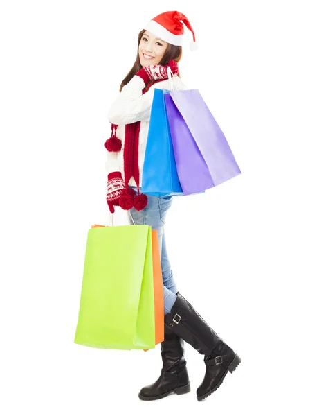 Beautiful happy young woman holding shopping bags — Stock Photo, Image