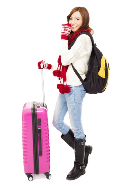 Happy young beautiful woman holding a backpack and  baggage. tra — Stock Photo, Image