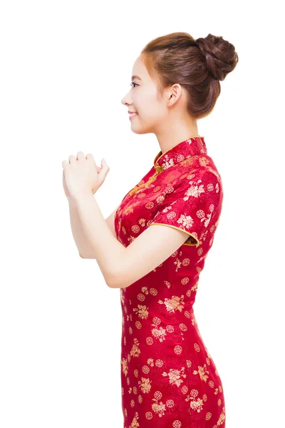 Ευτυχισμένος Κινέζοs νέο έτος. όμορφη νεαρή γυναίκα Ασίας με χειρονομία — Φωτογραφία Αρχείου