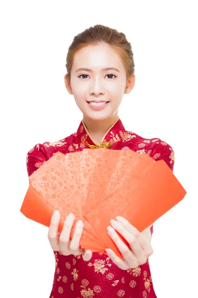 Beautiful young asian woman giving  red bags for rich — Stock Photo, Image