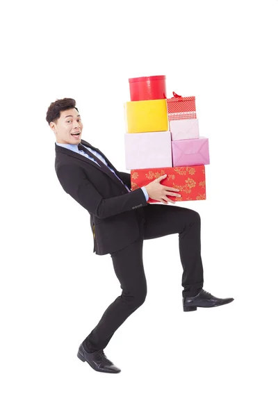 Happy Businessman hold with gift box — Stock Photo, Image