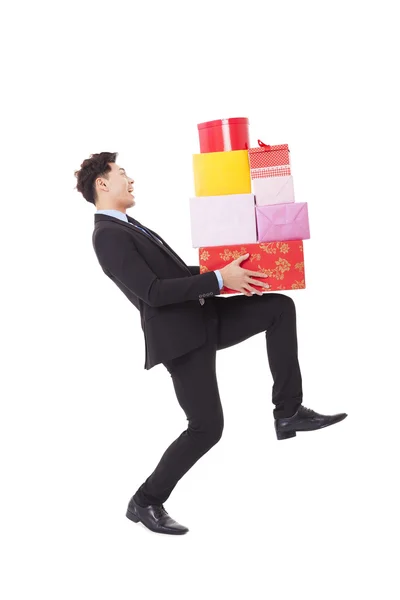 Щасливий бізнесмен тримається з подарунковою коробкою — стокове фото