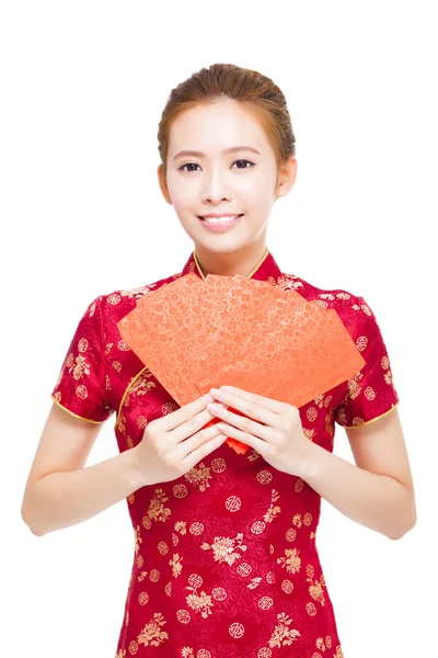 Happy chinese new year. young asian woman giving  red bags — Stock Photo, Image