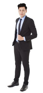 duran ve üzerinde beyaz izole genç işadamı