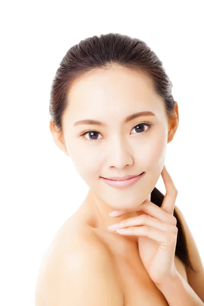 Closeup smiling young  woman face isolated on white — Stock Photo, Image