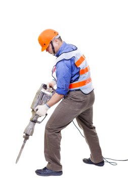  worker with pneumatic hammer drill equipment isolated on white clipart