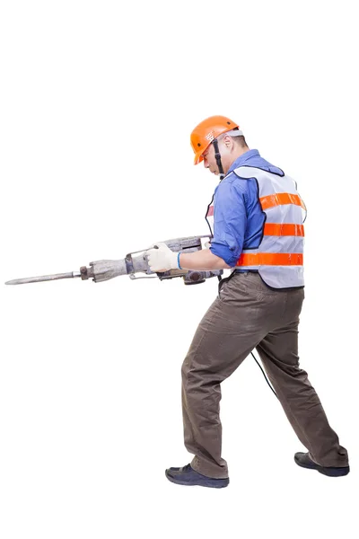 Trabajador con equipo neumático de taladro de martillo aislado en blanco — Foto de Stock