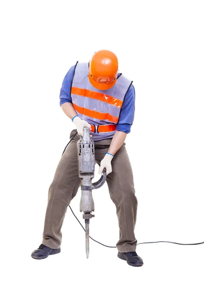 Worker with pneumatic hammer drill equipment isolated on white — Stock Photo, Image