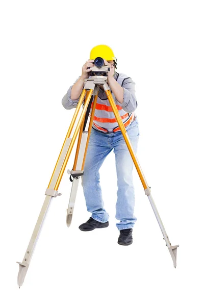 Agrimensor haciendo medición y aislado en blanco — Foto de Stock