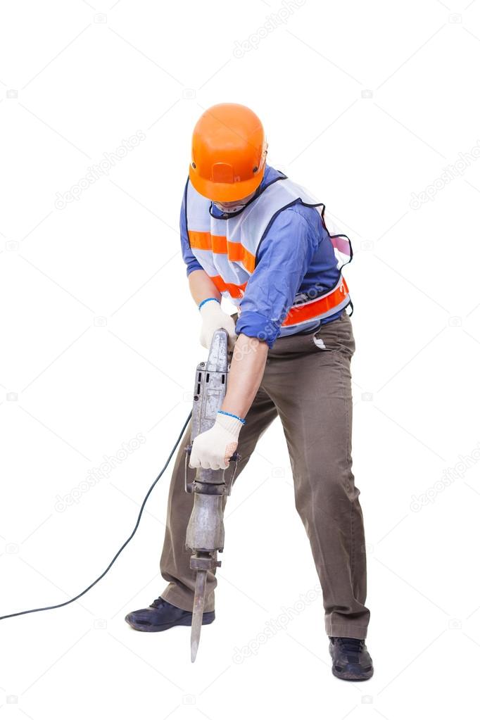  worker with pneumatic hammer drill equipment isolated on white
