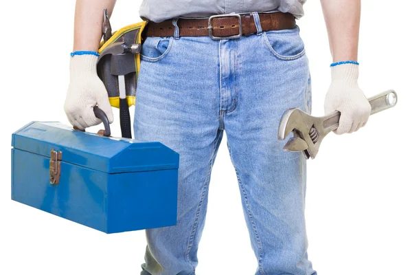 Arbeiter mit Werkzeugkiste isoliert auf weiß — Stockfoto