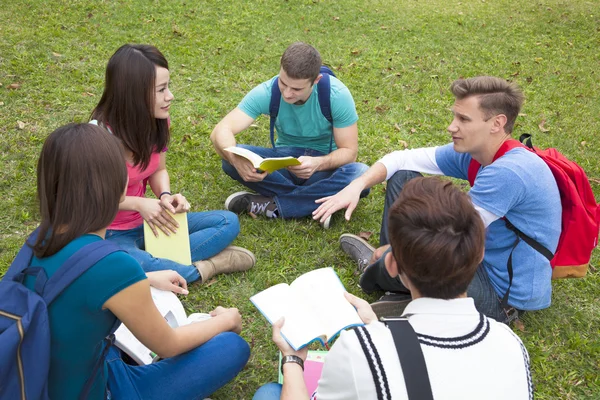 Étudiants universitaires étudient et discutent ensemble sur le campus — Photo