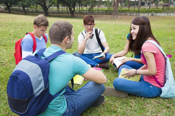 Estudiantes universitarios estudiando y discutiendo juntos en el campus —  Fotos de Stock