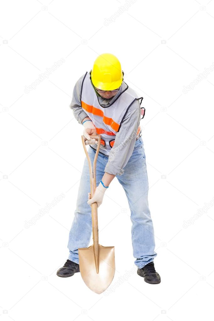 Worker digging with  shovel isolated on white