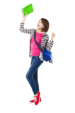 Genç mutlu Asya öğrenci kitap ve izole üzerinde beyaz ile