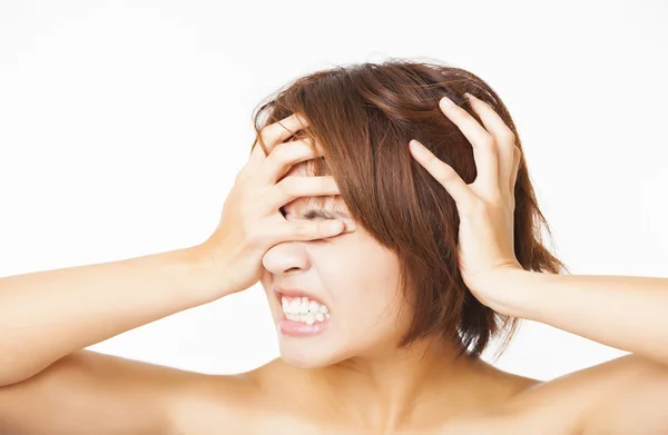 Closeup stressed young woman and yelling screaming — Stock Photo, Image