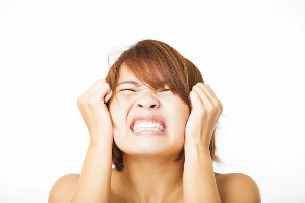 Closeup stressed young woman and yelling screaming — Stock Photo, Image