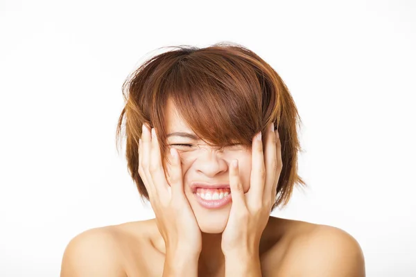 Closeup stressed young woman and yelling screaming — Stock Photo, Image