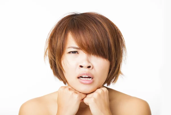 Closeup mladá žena s bolestí hlavy — Stock fotografie