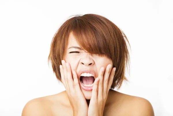 Closeup stressed young woman and yelling screaming — Stock Photo, Image