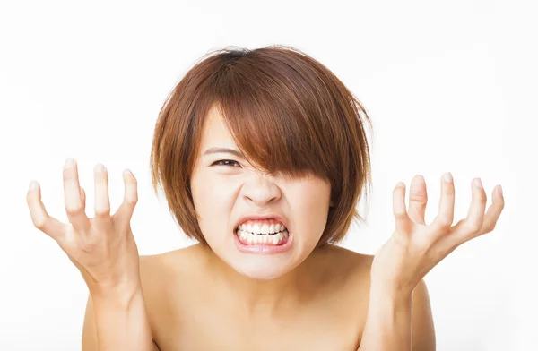 Closeup angry young woman and yelling screaming — Stock Photo, Image