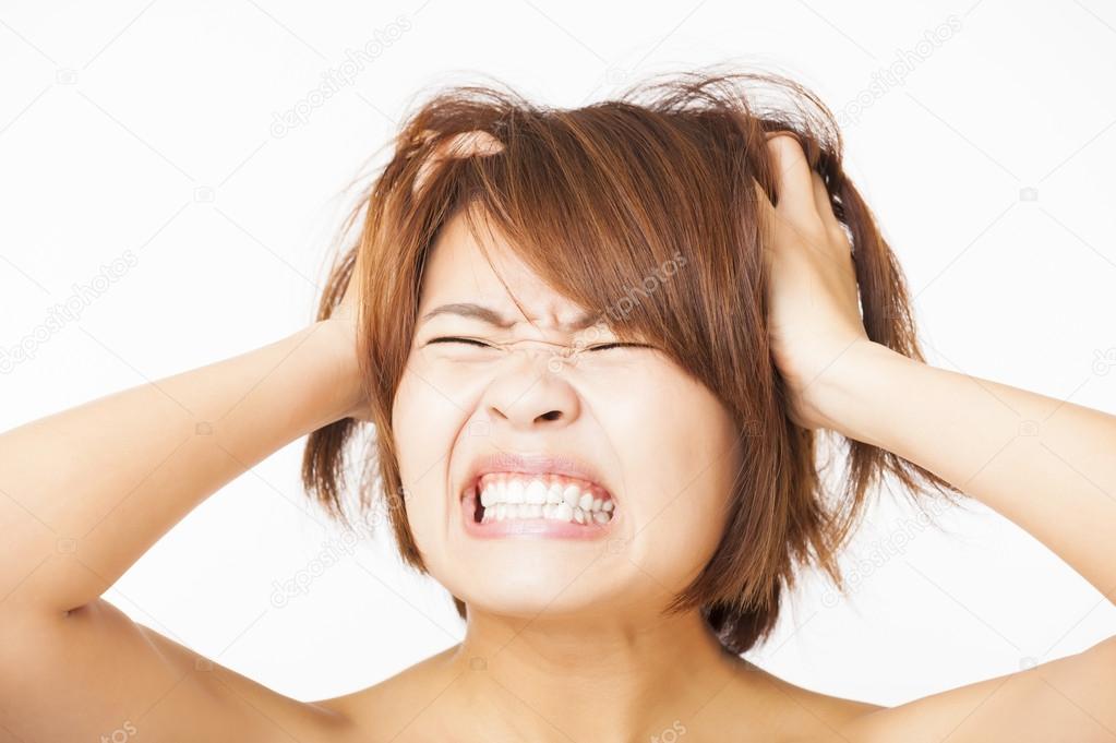Closeup stressed young woman and yelling screaming