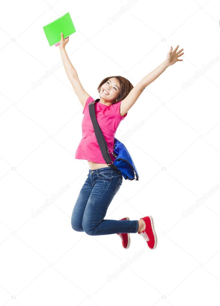 Young happy woman and student jumping