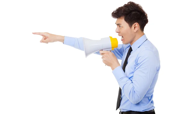 Homem de negócios irritado usando megafone isolado no branco — Fotografia de Stock
