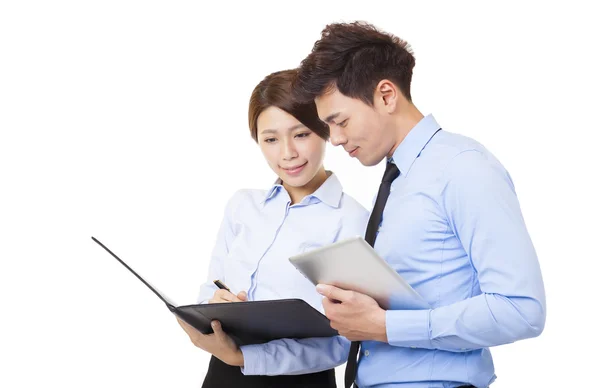 Businesswoman talking with businessman isolated on white — Stock Photo, Image