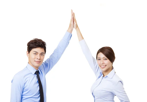 Business man and woman joining hands and cooperation concept — Stock Photo, Image