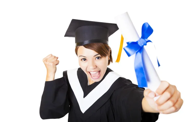 Arriba ver feliz joven mujer graduándose sosteniendo diploma — Foto de Stock