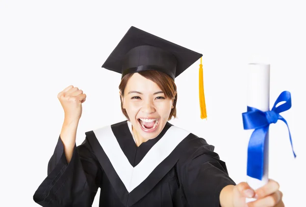 Arriba ver feliz joven mujer graduándose sosteniendo diploma —  Fotos de Stock
