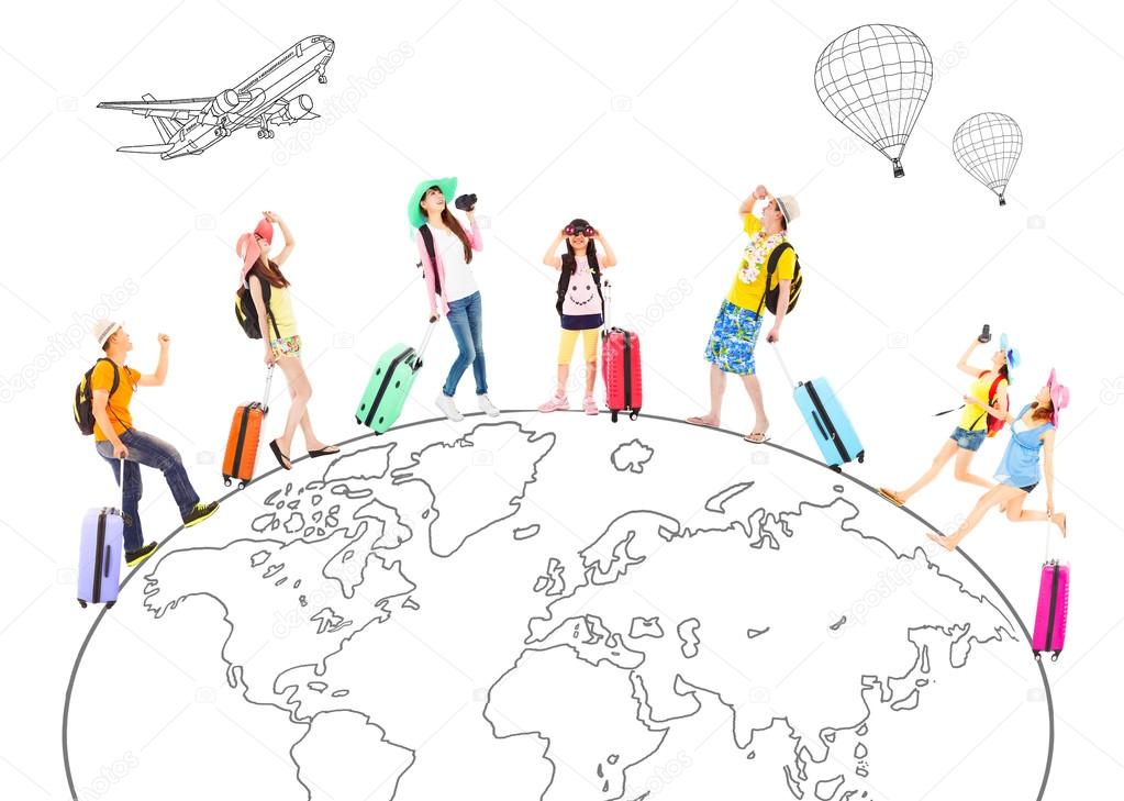 people travel around the world and Global map concept