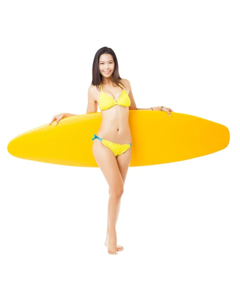 Mooie jonge vrouw bedrijf surfplank — Stockfoto