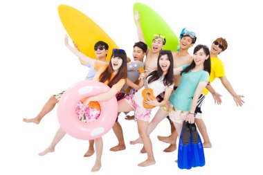Yaz, plaj, tatil, mutlu genç grup seyahat kavramı
