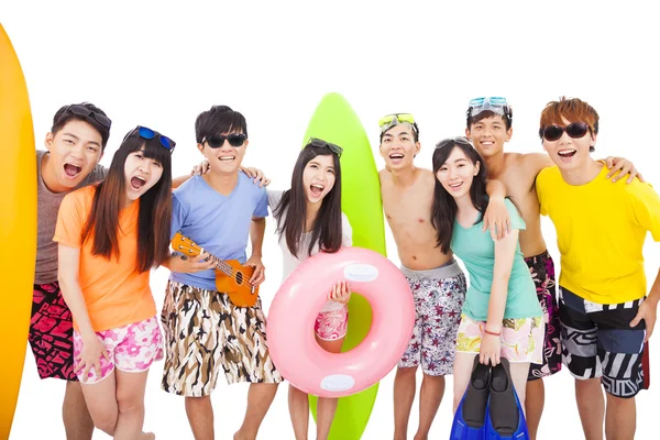 Καλοκαίρι, παραλία, διακοπές, ευτυχισμένη ομάδα νεαρών έννοια — Φωτογραφία Αρχείου