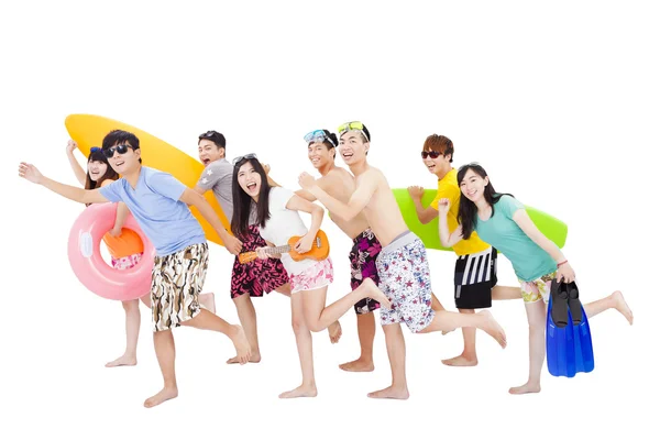 Nyári, tengerpart, nyaralás, boldog fiatal csoport utazási koncepció — Stock Fotó