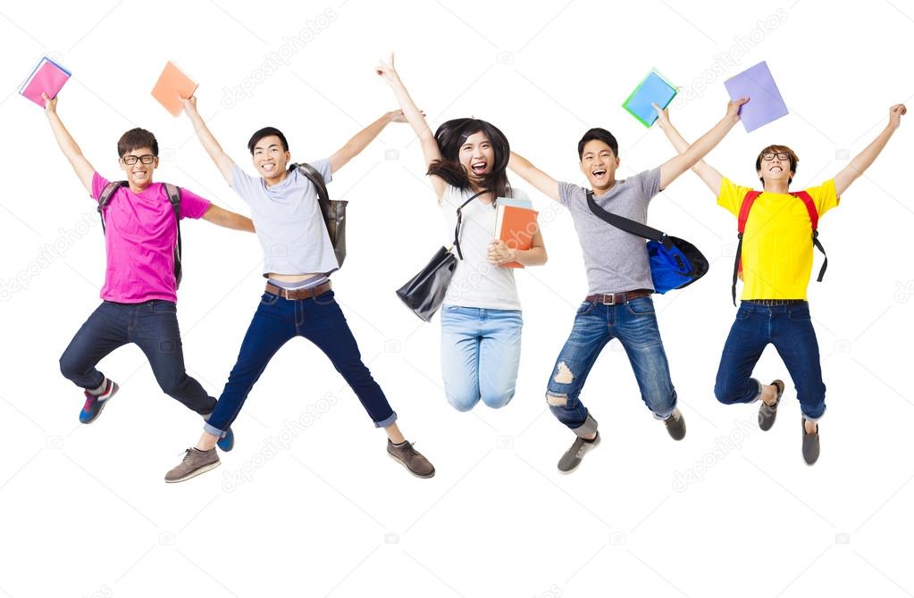 Happy  student group  jumping together
