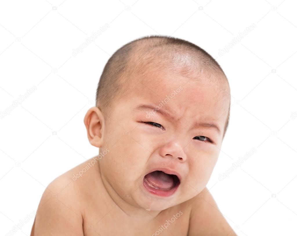 closeup crying asian baby boy