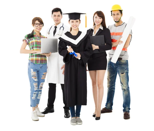 Personas en diferentes ocupaciones de pie con la graduación —  Fotos de Stock